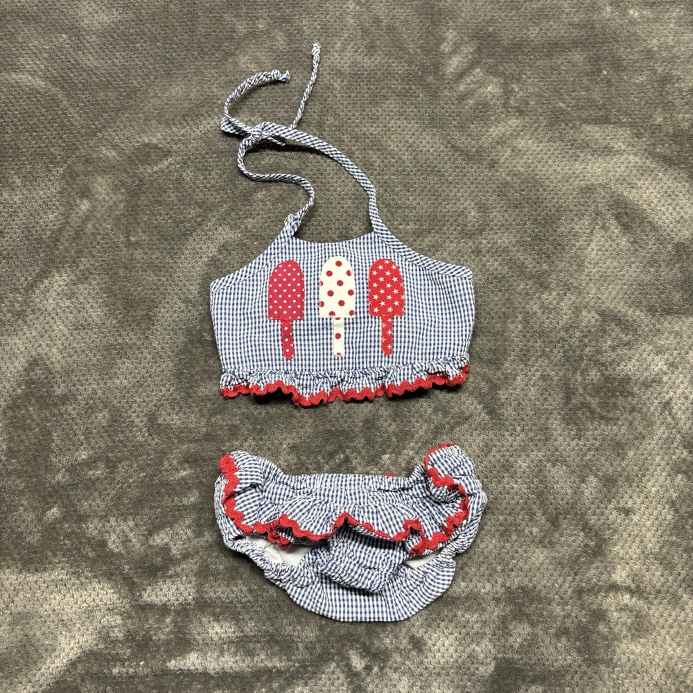 Funtasia Too Girls Gingham Red White Blue Ruffle Two Piece Swimsuit Size 3T